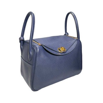 Used HERMES Clemence Lindy 26 Handbag Navy GHW