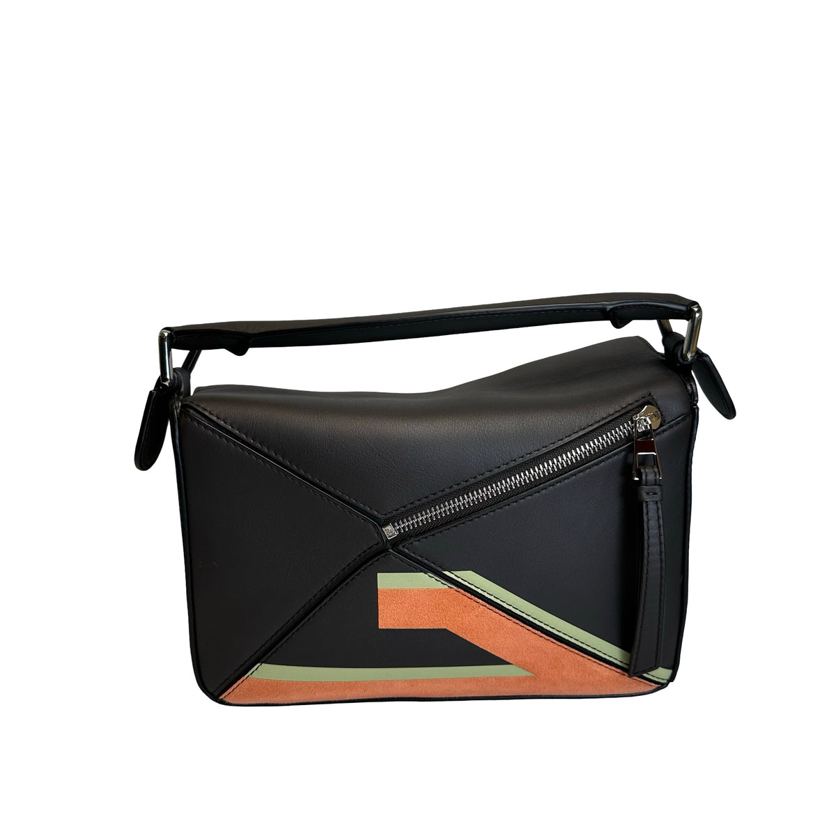 Used LOEWE Calfskin Puzzle Bag Small Shoulder Bag Black Orange Green