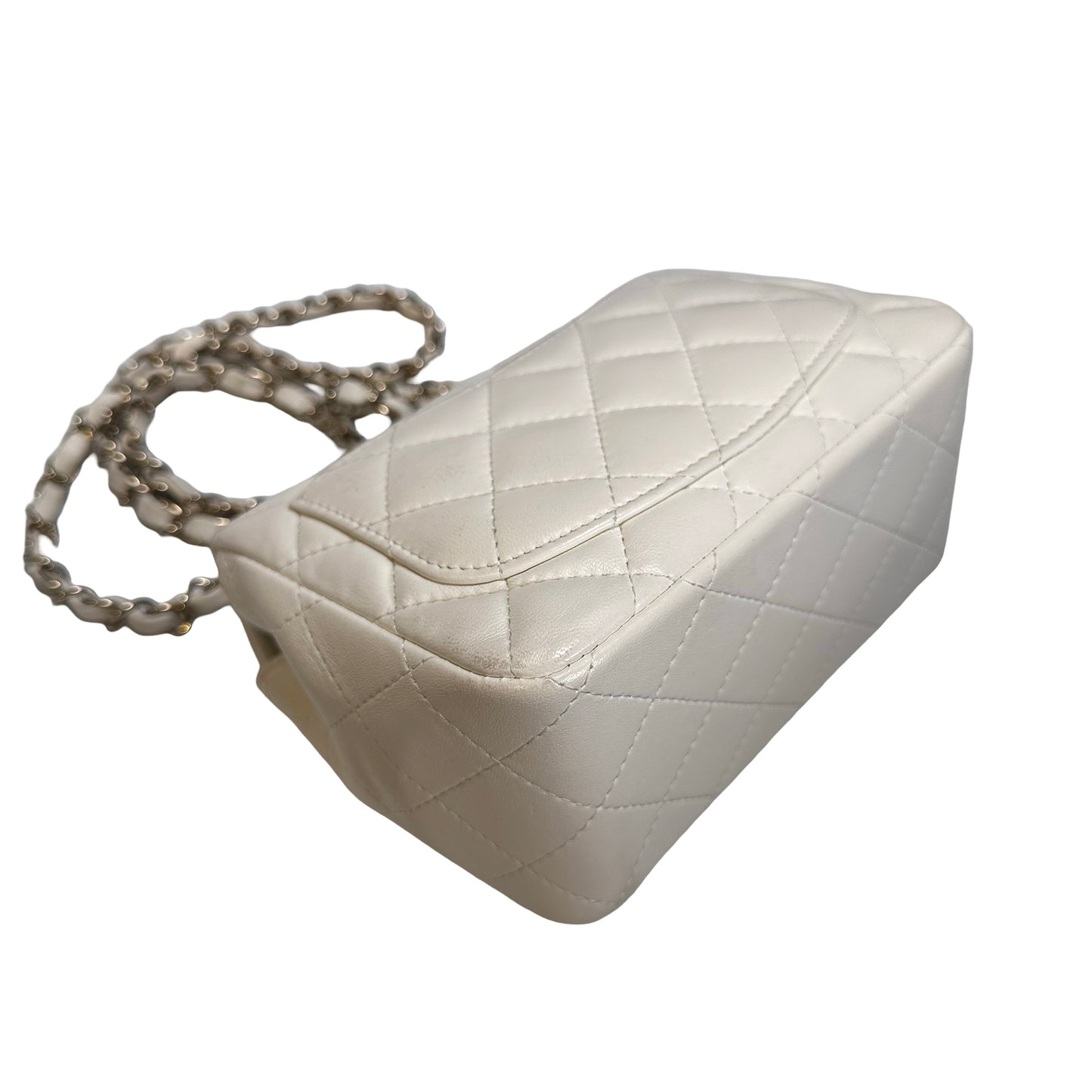 Used CHANEL Quilted Lambskin Classic Mini Rectangular Flap Bag Chain Shoulder Bag White GHW