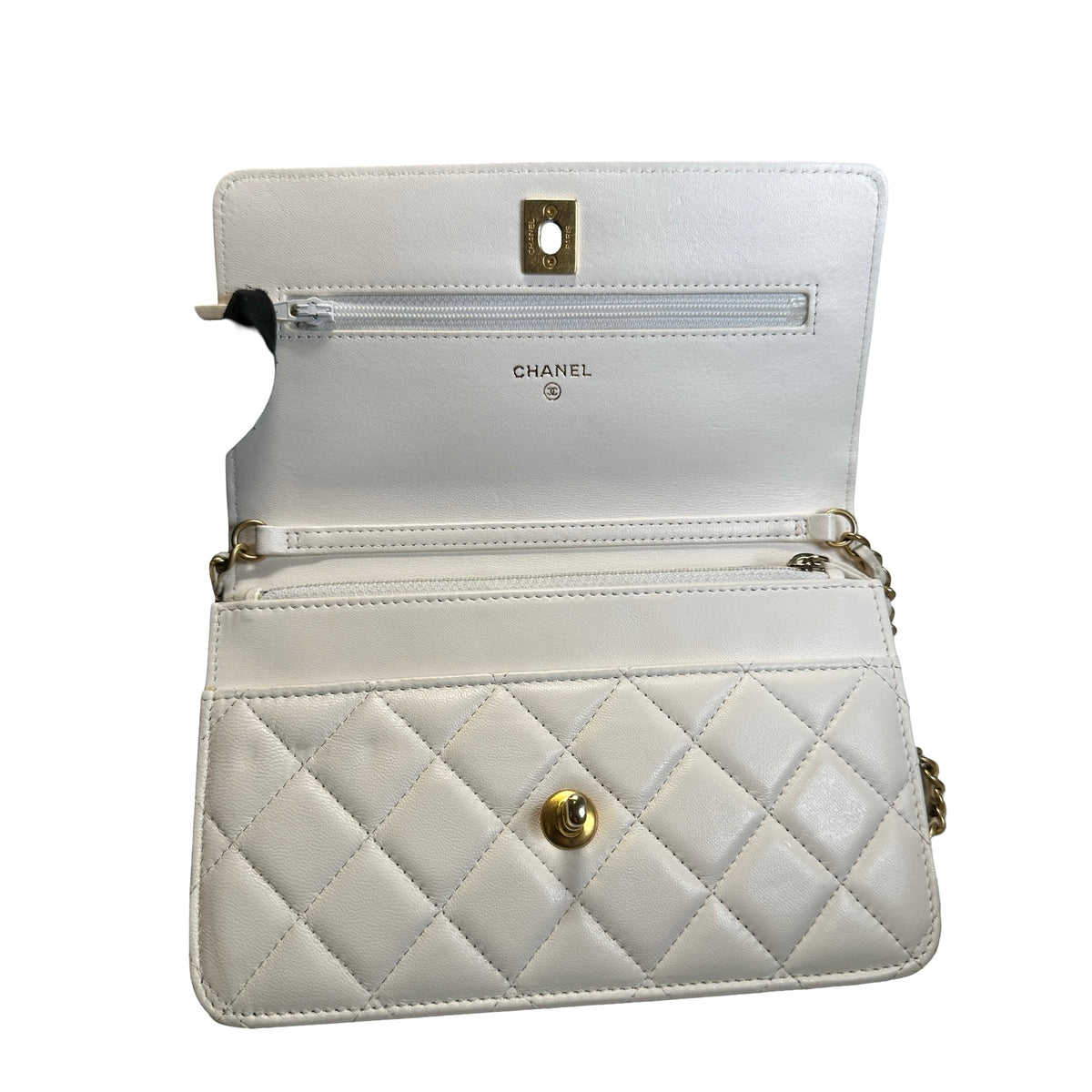 Used CHANEL Quilted Lambskin Wallet on chain Wallet on chain White Gold