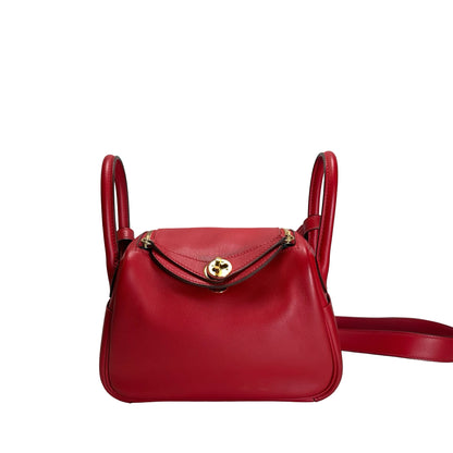 Used HERMES Swift Mini Lindy Handbag Red GHW