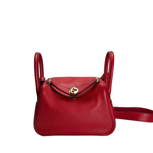 Used HERMES Swift Mini Lindy Handbag Red GHW