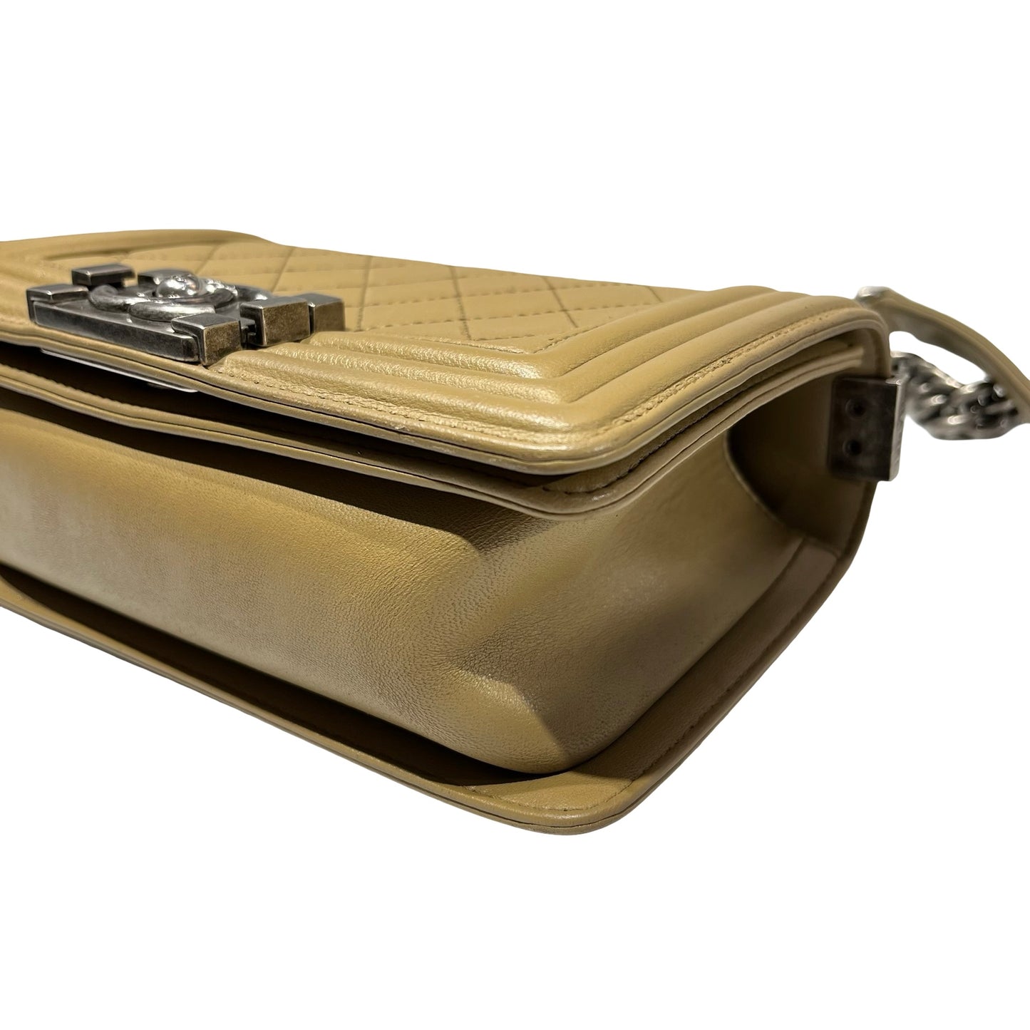 Used CHANEL Lambskin Leather Boy 20cm Shoulder Bag PHW Brown