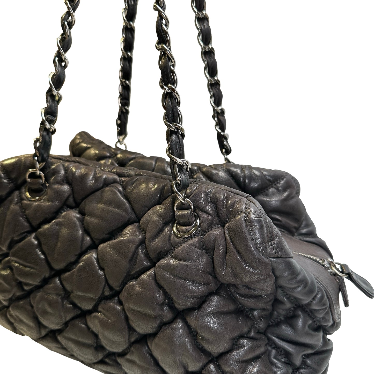 Used CHANEL Quilted Leather Bubble Quilted Bowler Bag Handbag Black Silver hardware