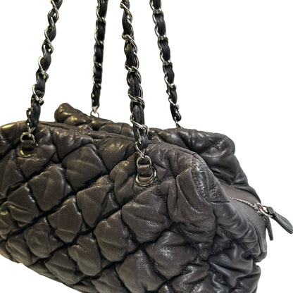 Used CHANEL Quilted Leather Bubble Quilted Bowler Bag Handbag Black Silver hardware