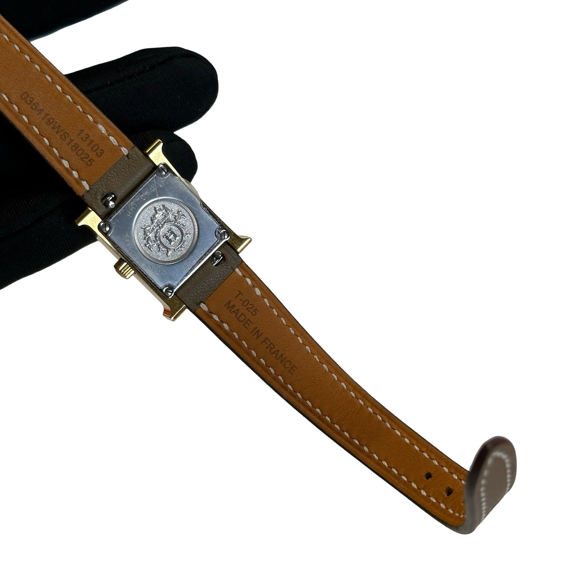 Used HERMES Leather Gold Plated Heure H Watch Green Gold White