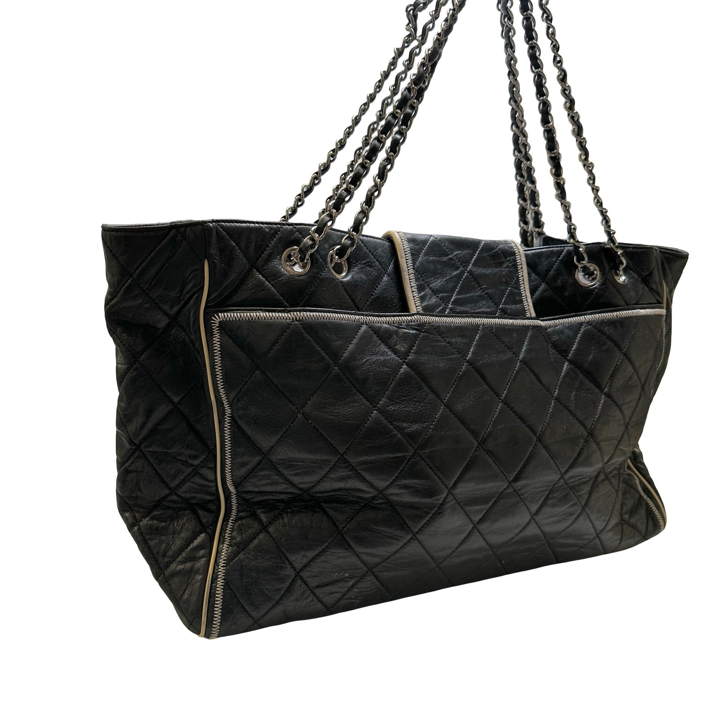 Used CHANEL Quilted Leather Quilted Tote Tote Bag Black Silver
