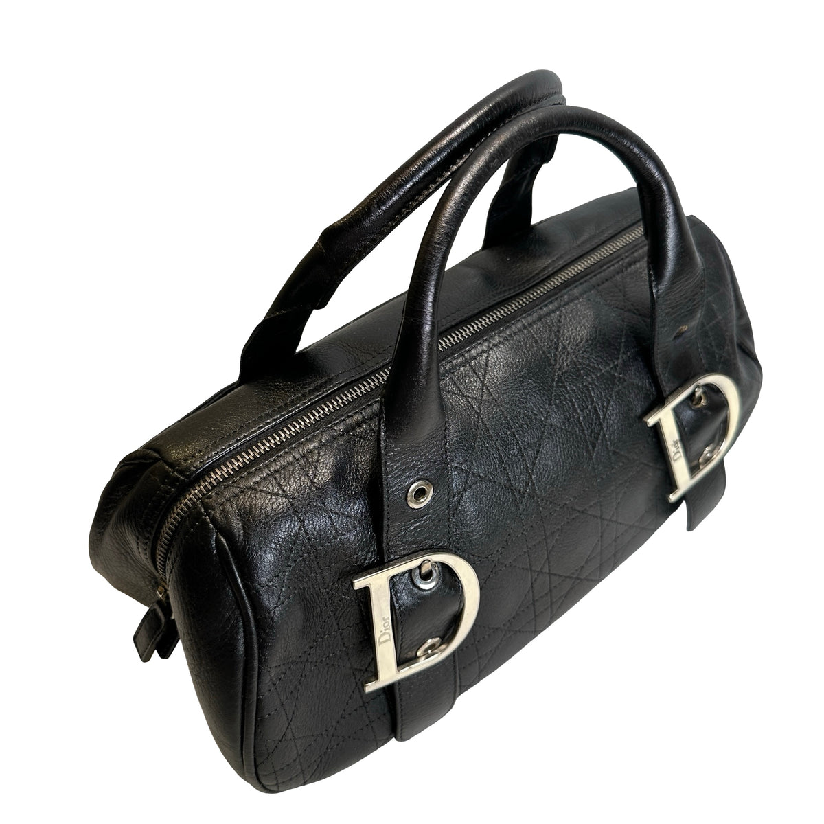 Used DIOR Cannage Leather Cannage Handbag Handbag Black Silver