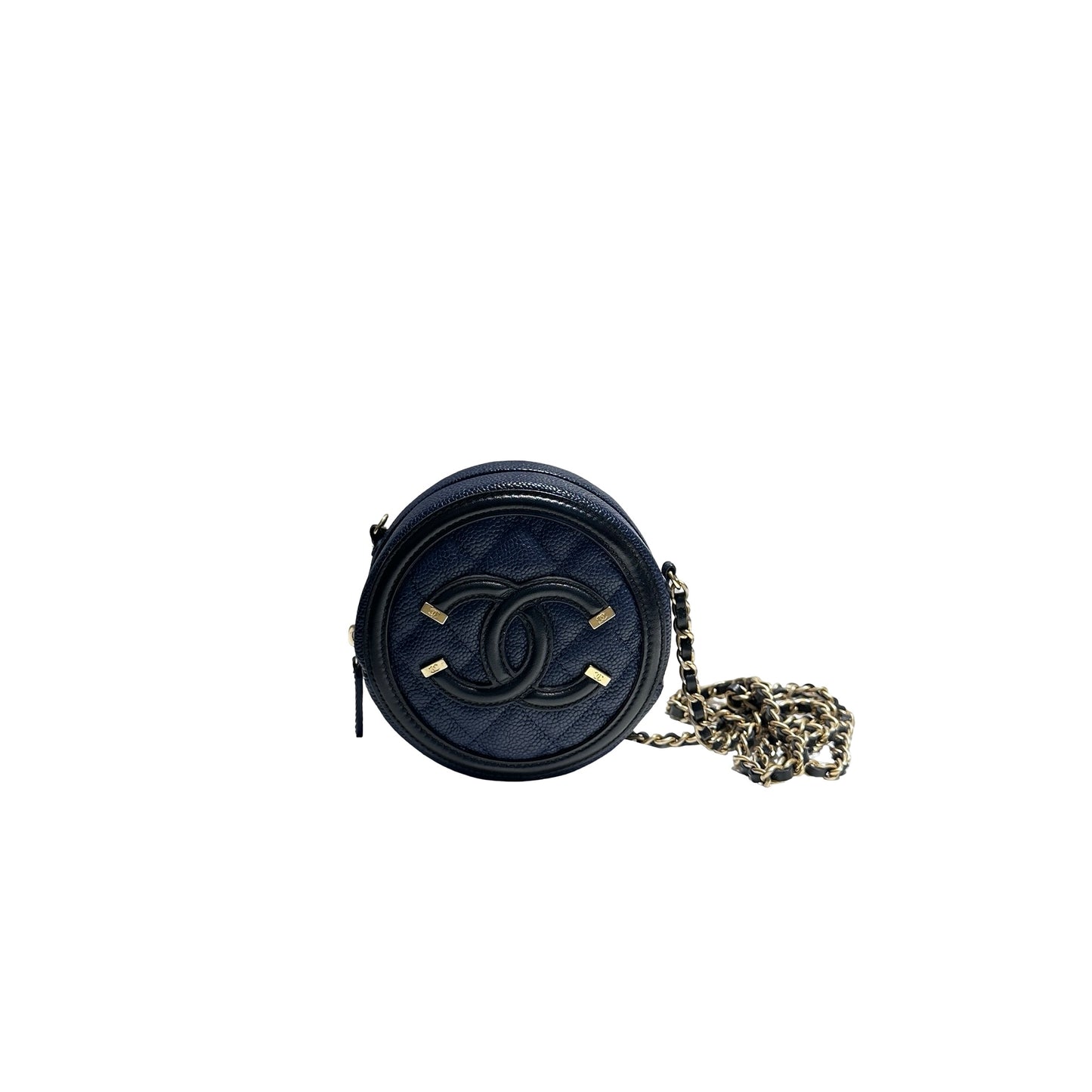 Used CHANEL Round Clutch with Chain Chain Shoulder Bag Navy Blue GHW