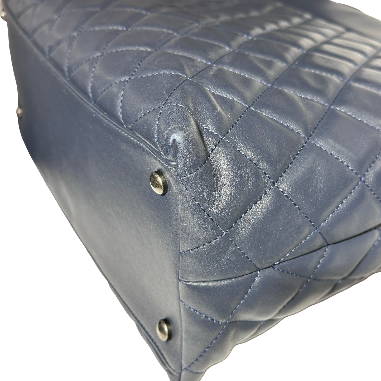 Used CHANEL Lambskin Leather Tweed Airlines Portobello Two Way Shoulder Bag Blue White PHW