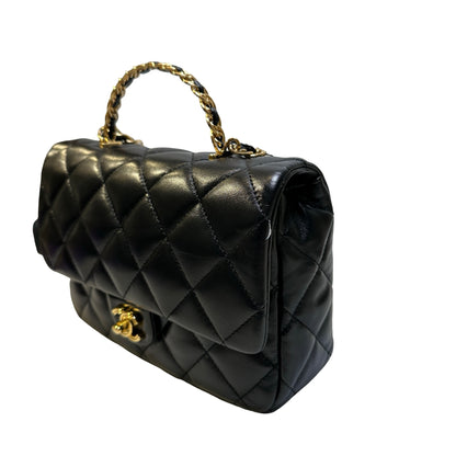 Used CHANEL Quilted Lambskin Top Handle Flap Bag Handbag Black