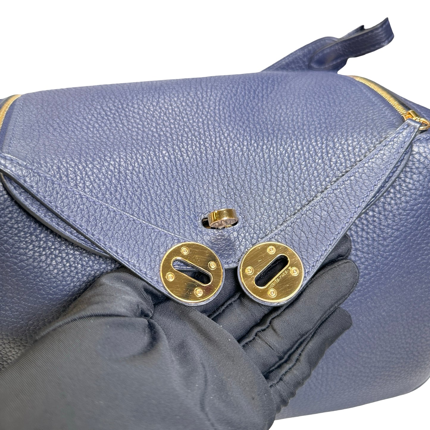 Used HERMES Clemence Lindy 26 Handbag Navy GHW