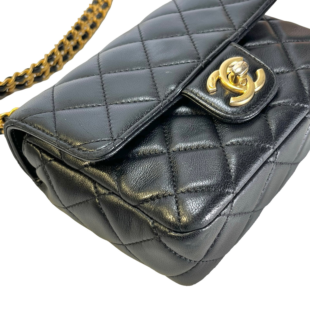 CHANEL Quilted Lambskin Mini Rectangular Flap Chain Shoulder Bag Black Gold