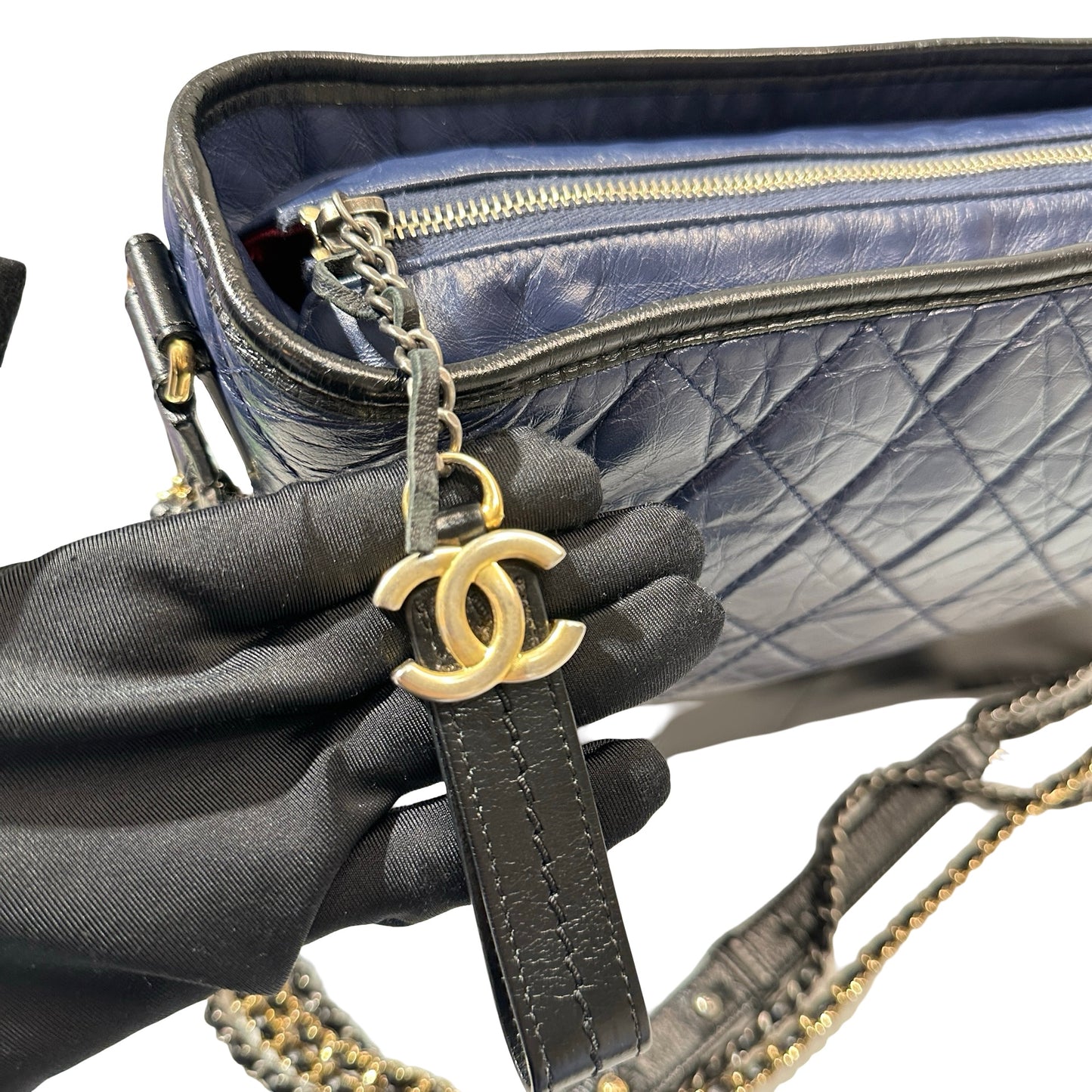 Used CHANEL Lambskin Leather Gabrielle Cross Body Bag Navy GHW