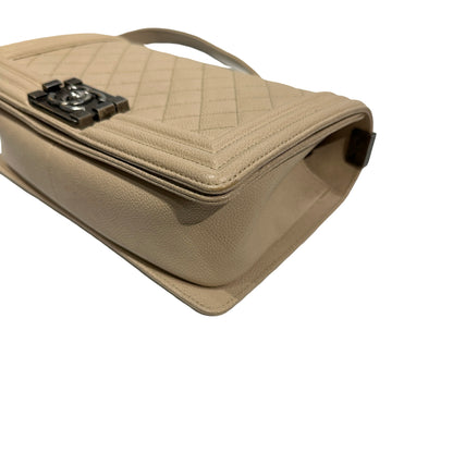 Used Chanel Caviar Leather Boy 25 Shoulder Bag Beige PHW