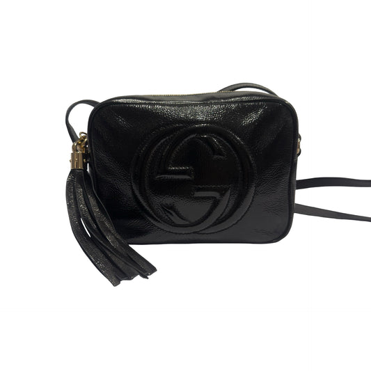 Used GUCCI Patent Leather GG Logo Soho Disco Crossbody Bag Black