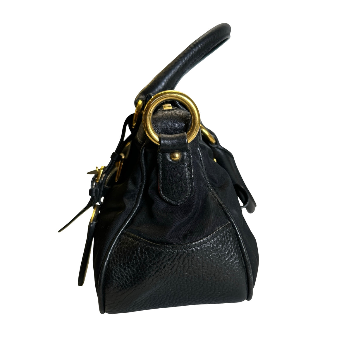 Used PRADA Nylon Leather Tessuto Vitello Daino Satchel Handbag Black Gold