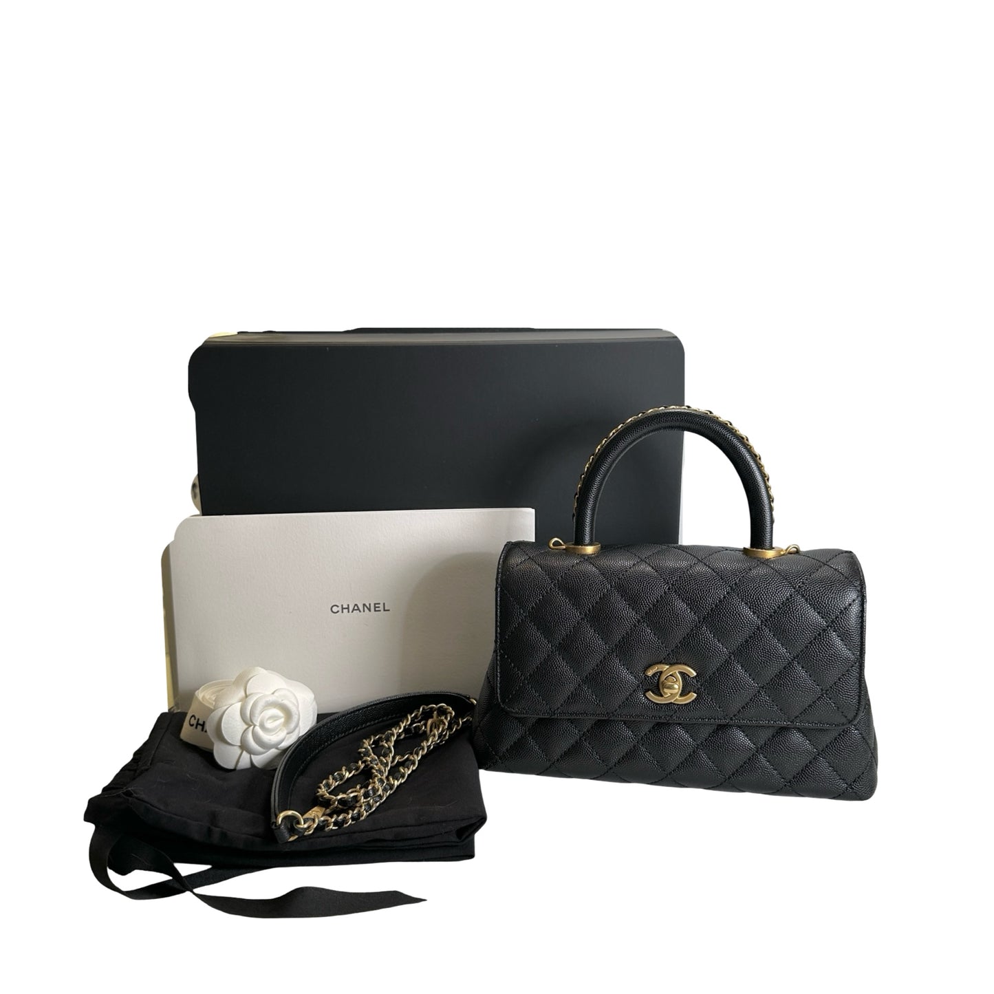 Used CHANEL Quilted Caviar Coco Handle Handbag Black Gold
