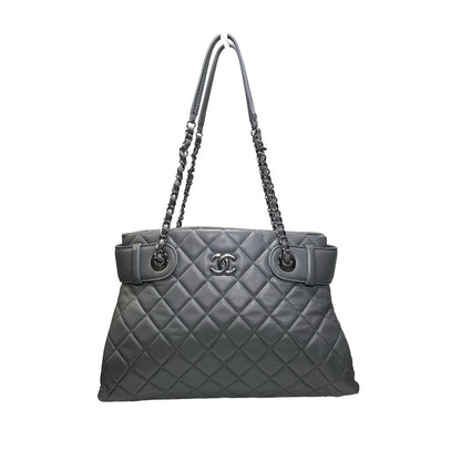 Used CHANEL Lambskin Leather Grey Tote Bag Grey PHW