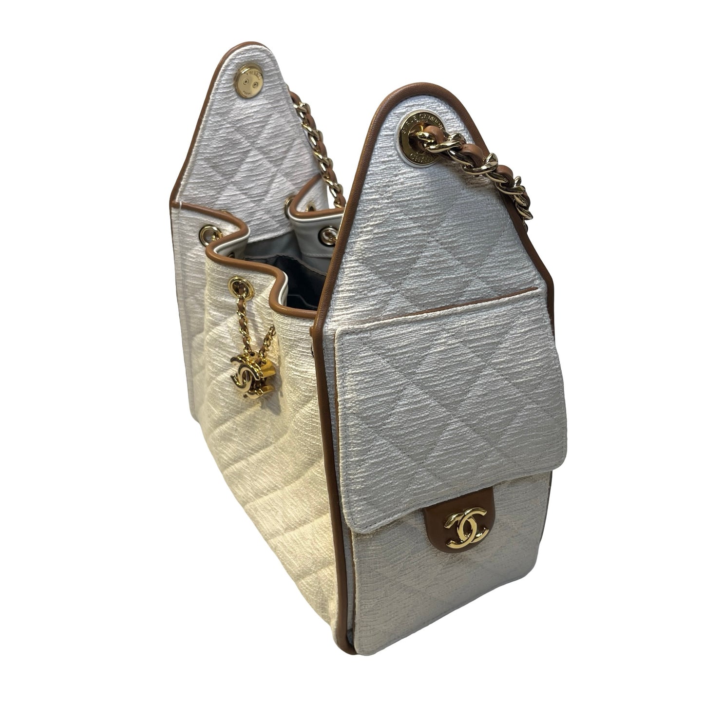 Used CHANEL Quilted Tweed Deauville Handbag White Brown