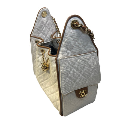 Used CHANEL Quilted Tweed Deauville Handbag White Brown