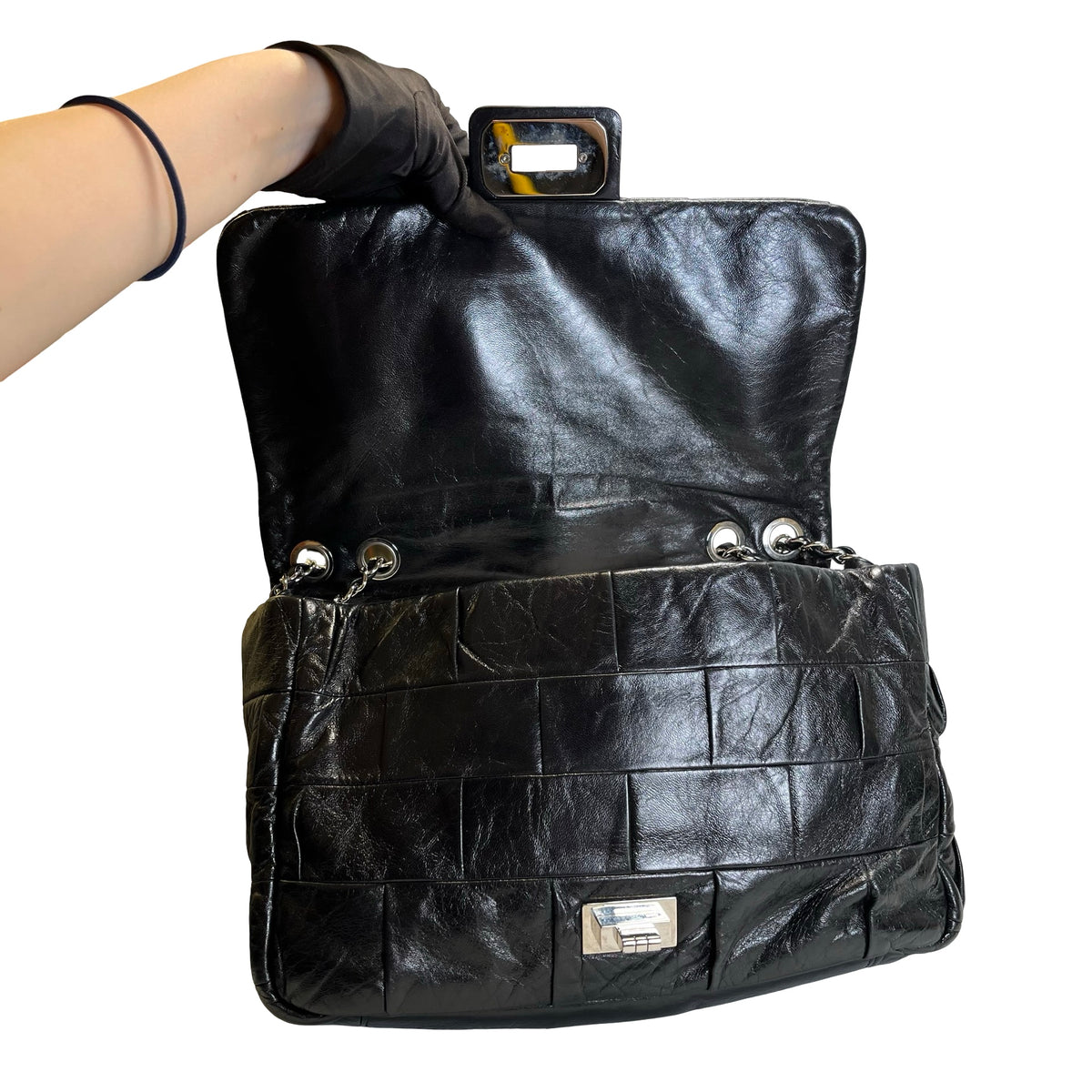 Used CHANEL Chocolate Bar Aged Calfskin 2.55 Reissue Flap Bag Chocolate Bar Chain Shoulder Bag Black，PHW