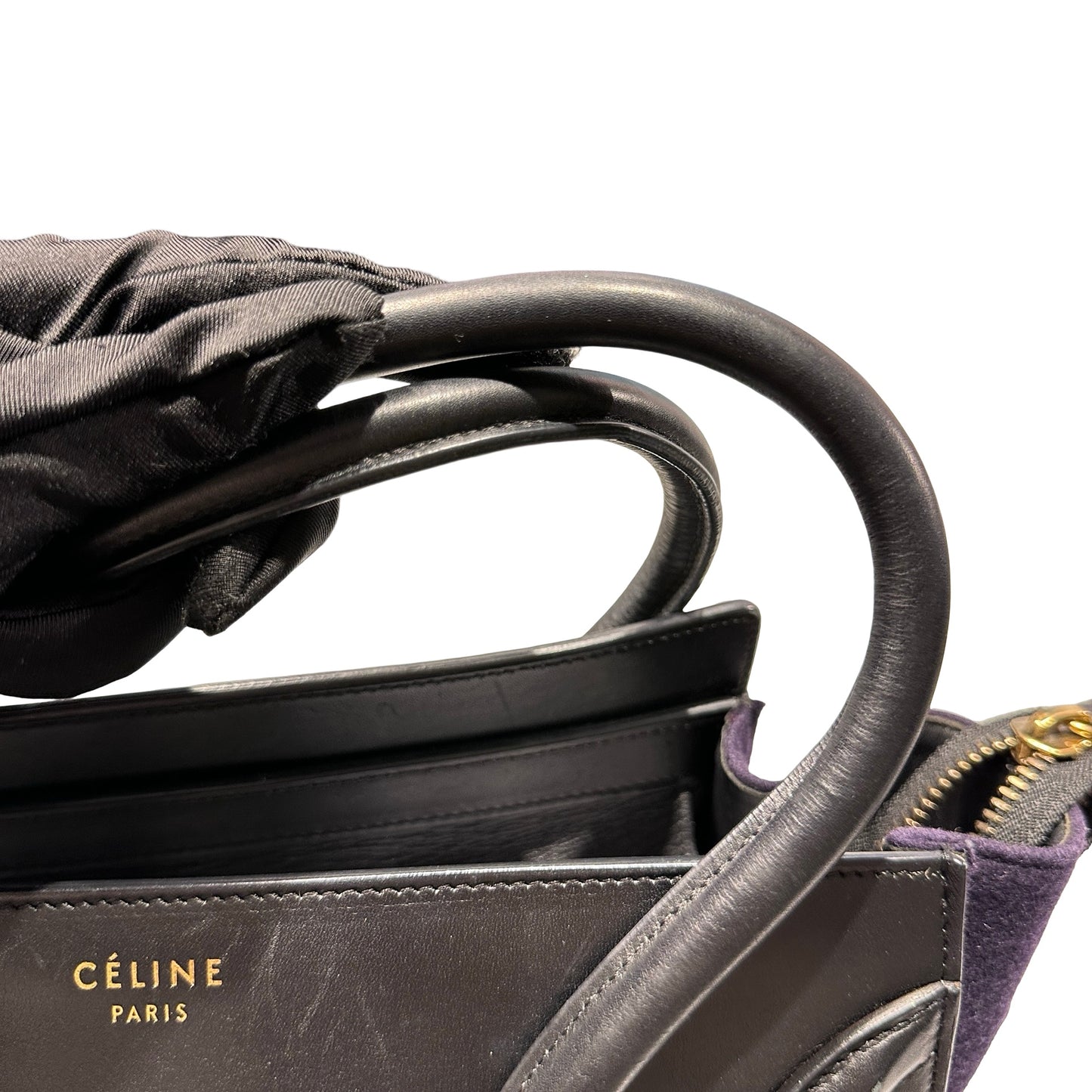Used CÉLINE Calfskin Leather LUGGAGE Handbag GREEN PURPLE Black GHW