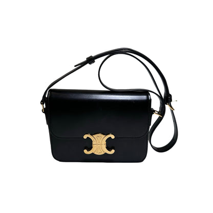 Used CÉLINE Calfskin Leather TEEN TRIOMPHE Cross Body Bag Black GHW
