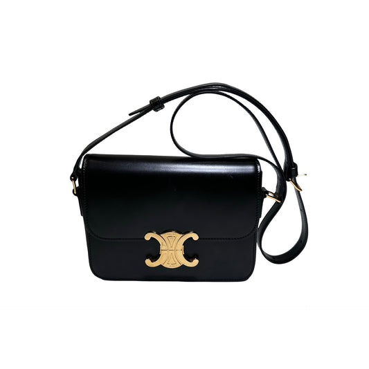 Used CÉLINE Calfskin Leather TEEN TRIOMPHE Cross Body Bag Black GHW