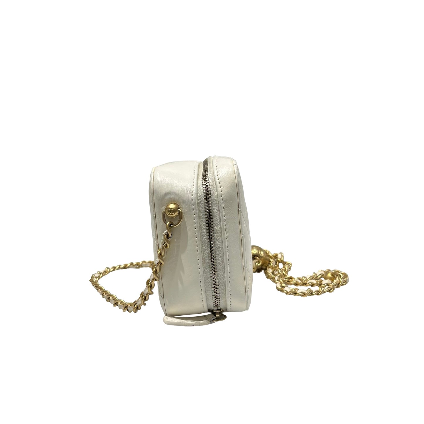 Used CHANEL Lambskin Leather Camera case with golden ball Camera Bag White GHW