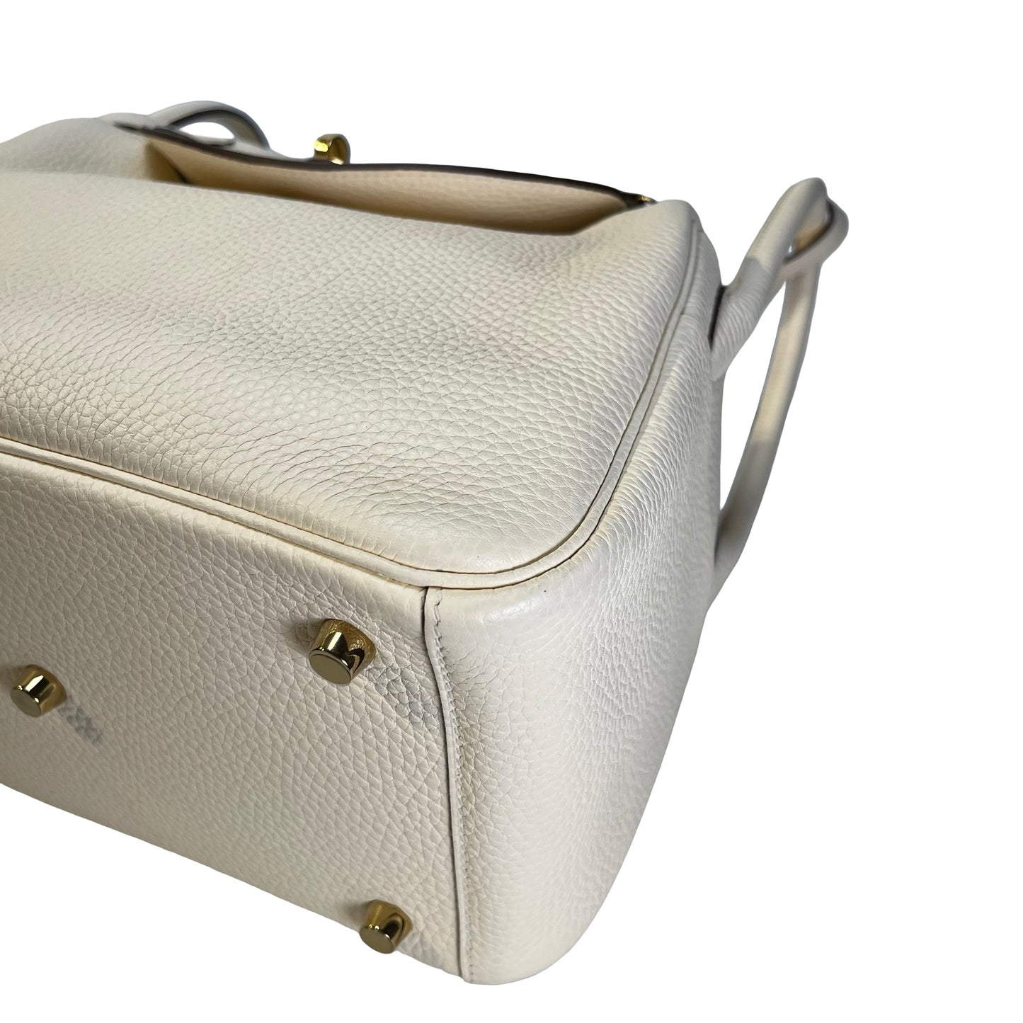 Used HERMES Leather Clemence Lindy Handbag Cream Off-White