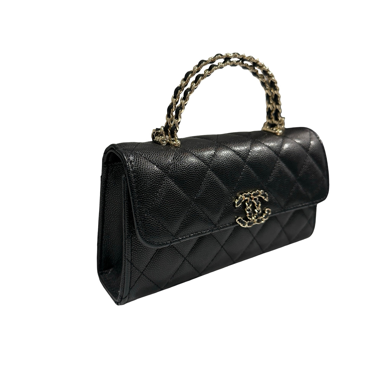 Used CHANEL Quilted Caviar Handle Classic Flap Handbag Black Gold
