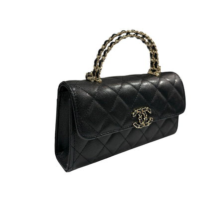 Used CHANEL Quilted Caviar Handle Classic Flap Handbag Black Gold