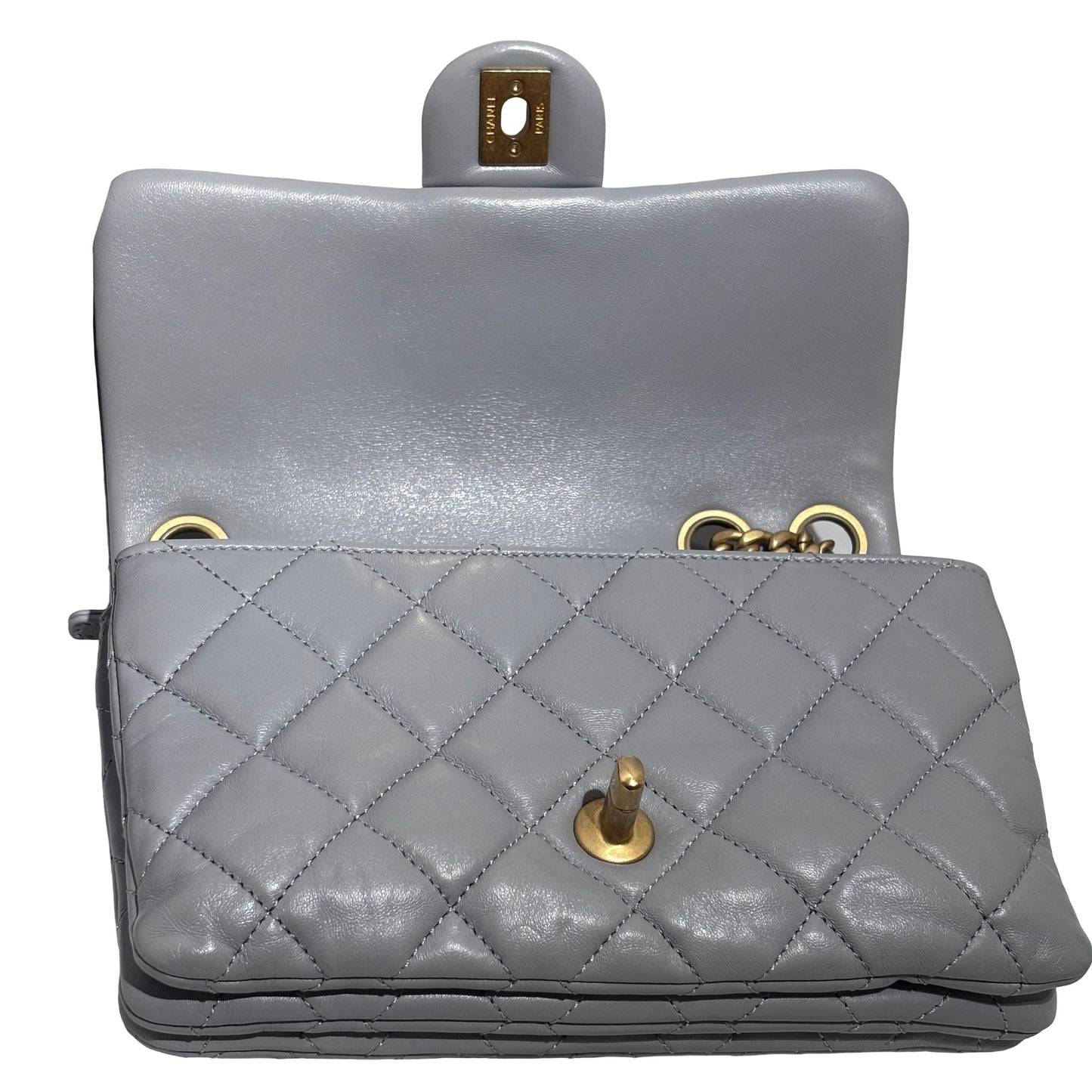 Used CHANEL Lambskin 22K all slide adjustable small flap bag Cross body bag Grey