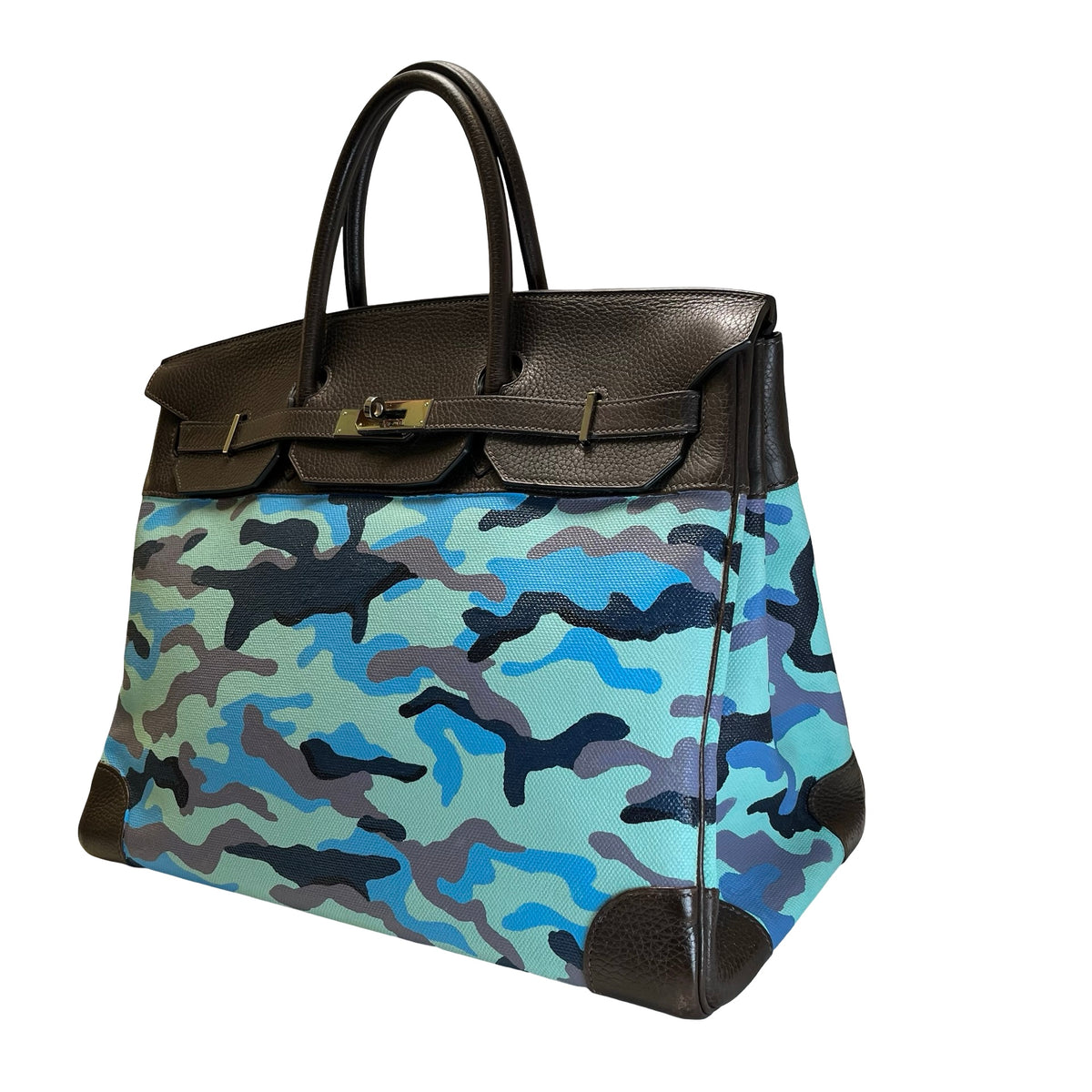 Used HERMES Camouflage Leather Toile HAC Birkin 35 Handbag Brown Blue Green