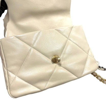 Used CHANEL Lambskin Quilted Chanel 19 Chain Shoulder Bag Cream White GHW
