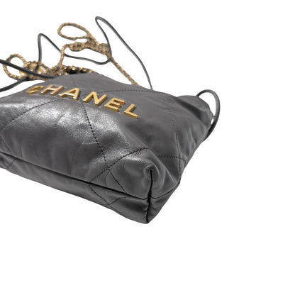 Used CHANEL Calfskin Leather Mini 22 Cross Body Bag Grey PHW