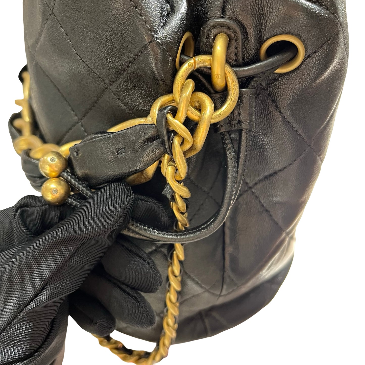 Used CHANEL Lambskin Leather Bucket Bag Black GHW