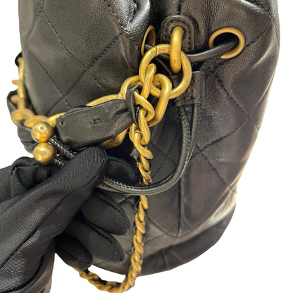 Used CHANEL Lambskin Leather Bucket Bag Black GHW