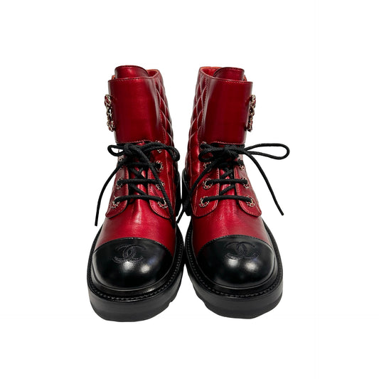 Used CHANEL Calfskin Leather Lace Up Combat Boots Shoes Red Black GHW