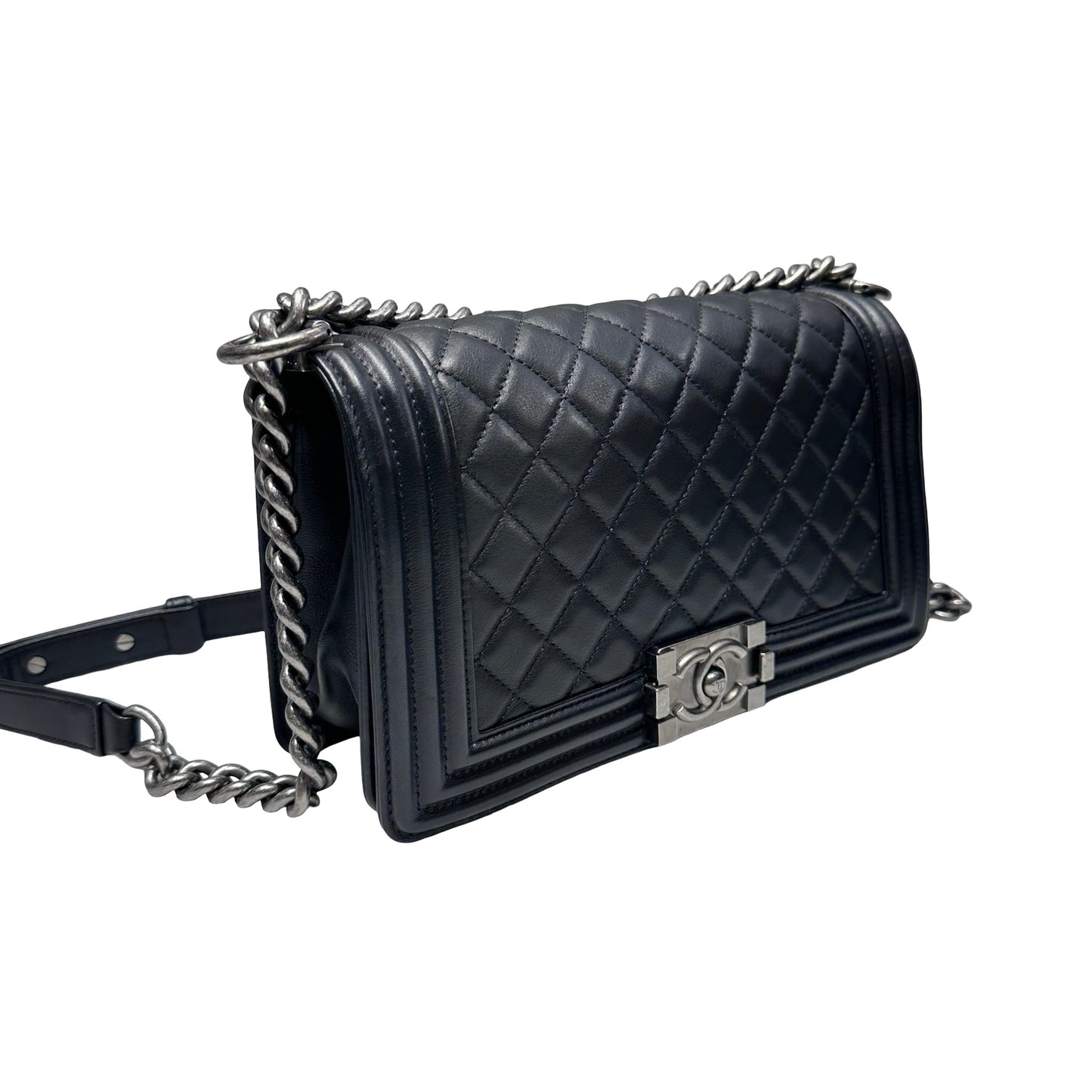 Used Chanel Boy 25cm Chain Shoulder Bag Black PHW