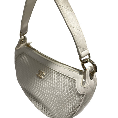Used CHANEL Mesh Leather 25S Half Moon Clutch Hobo Bag White GHW