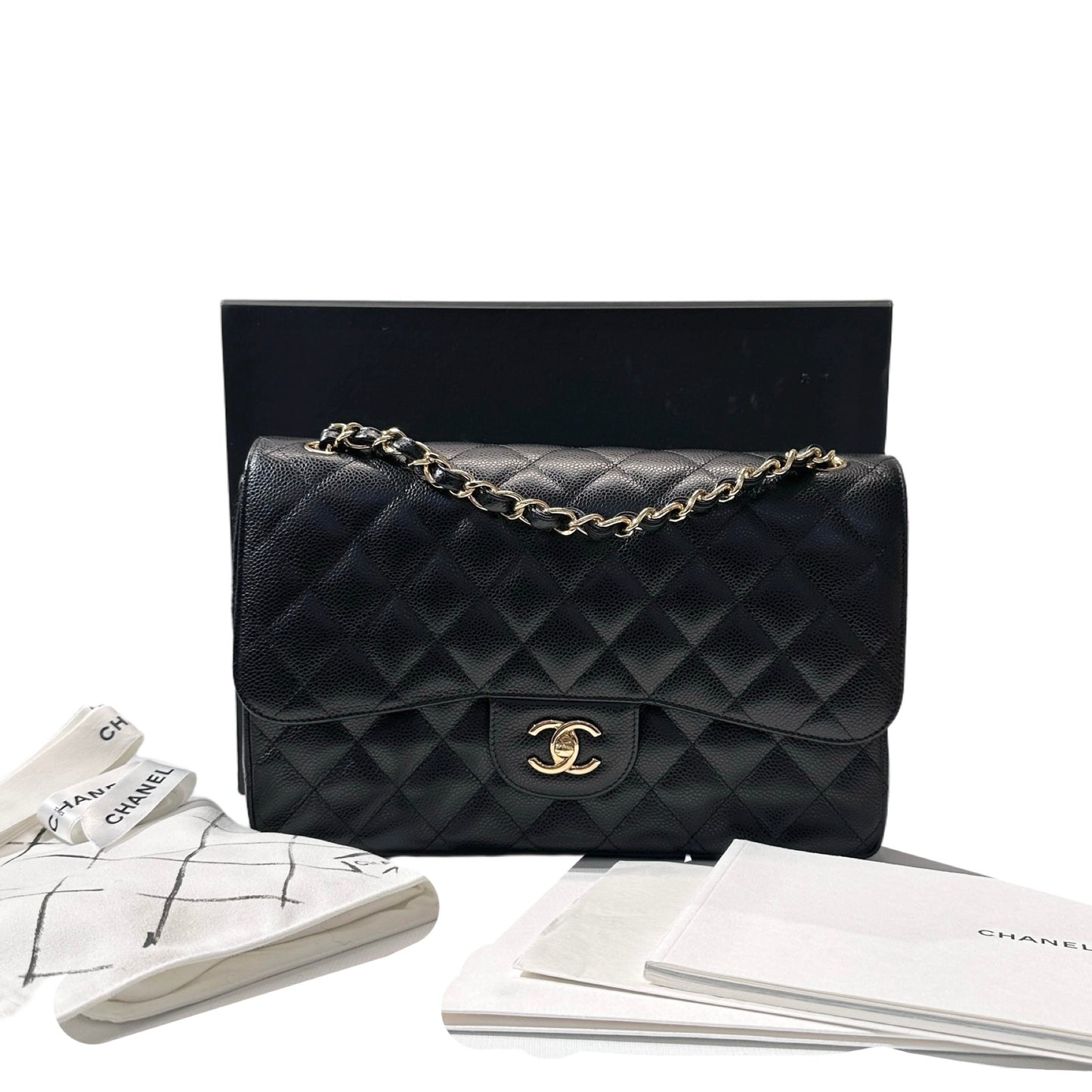 Used CHANEL Calfskin Leather Jumbo Chain Shoulder Bag GHW Black