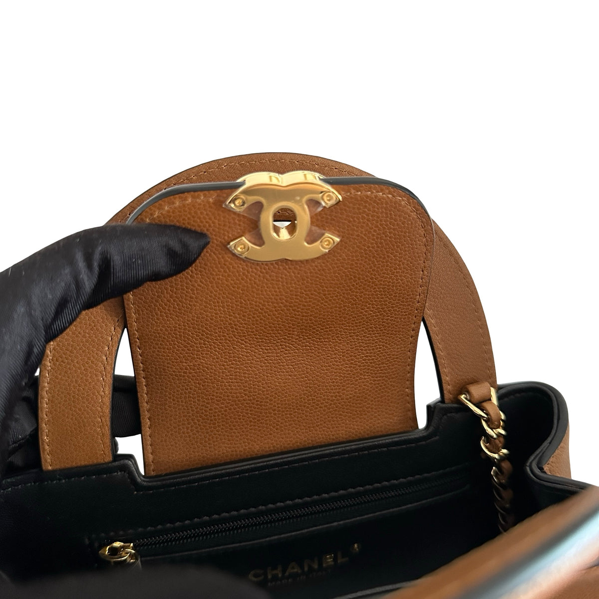 Brand New CHANEL Caviar Coco Handle Handbag Brown Gold