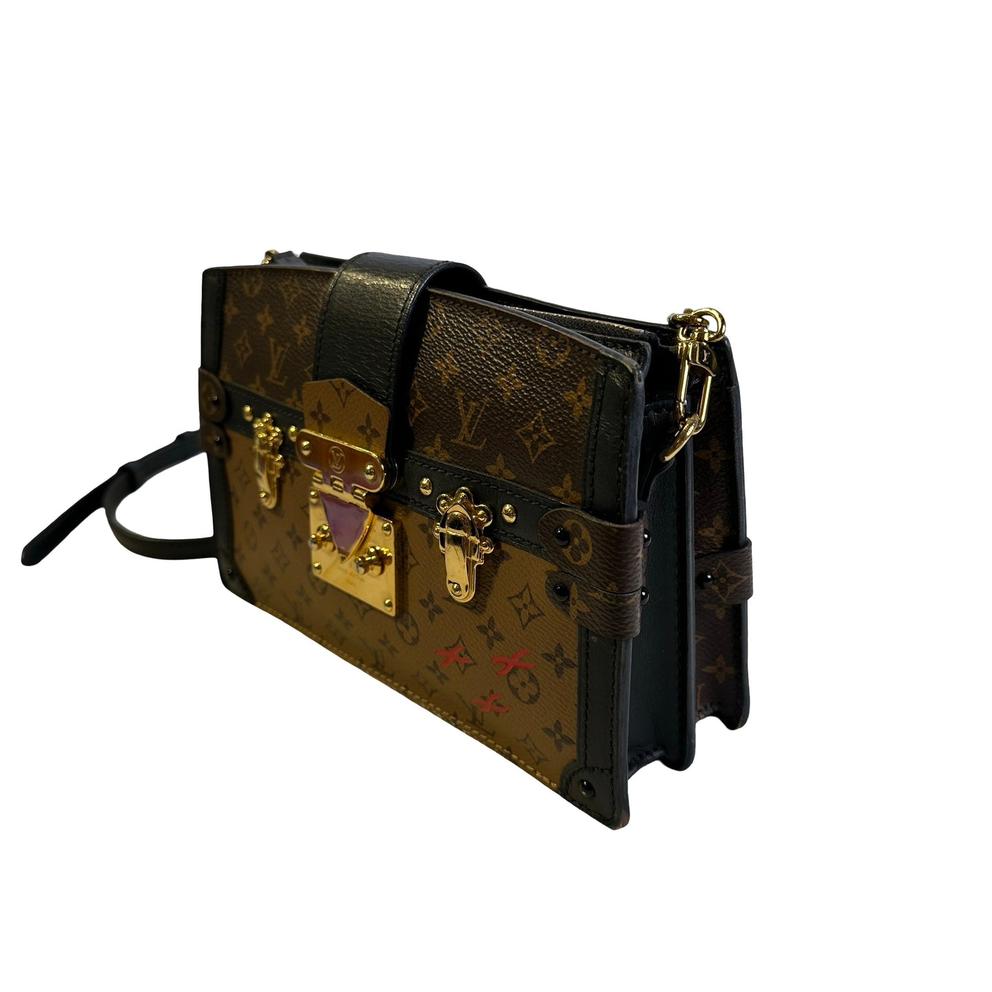 Used LOUIS VUITTON Monogram Canvas Leather Petite Malle Crossbody Bag Brown Black Gold