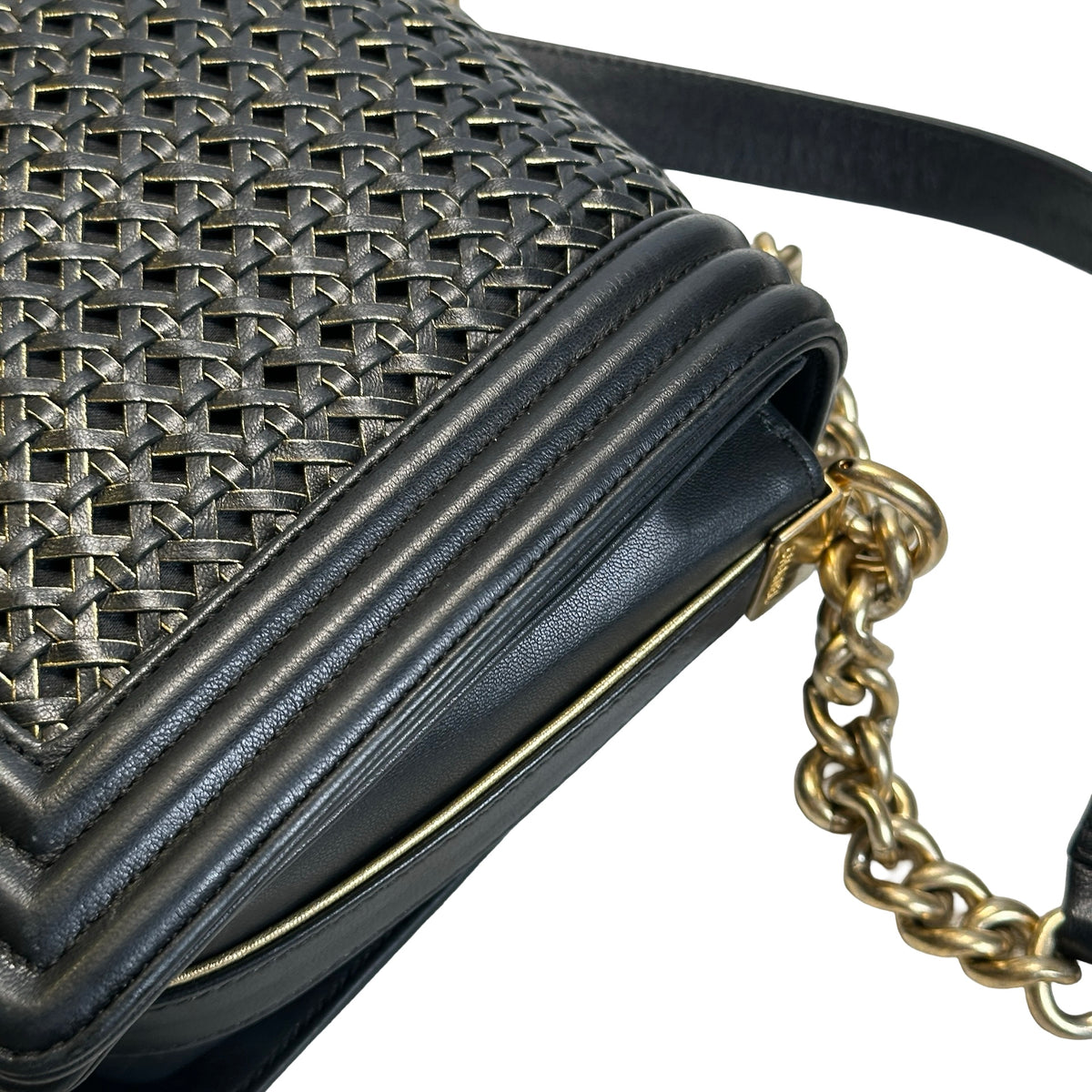 Used CHANEL Woven Leather Boy Chain Shoulder Bag Black Gold