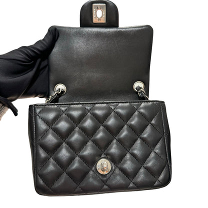 Used CHANEL Lambskin Leather Mini flap 17cm Cross Body Bag Black PHW