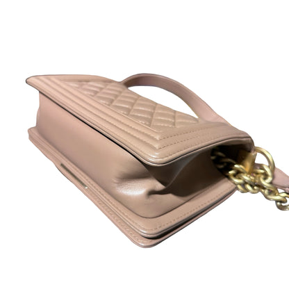 Used CHANEL Calfskin Leather Boy 20cm Shoulder Bag Beige GHW