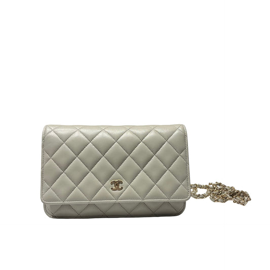 Used CHANEL Lambskin WOC Cross Body Bag Gray GHW