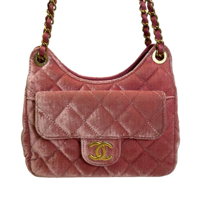 Used CHANEL Quilted Velvet Small Hobo Bag Hobo Bag Pink GHW